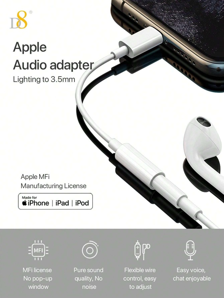 D8 Adaptador Lightning a Jack 3.5mm MFI para Iphone