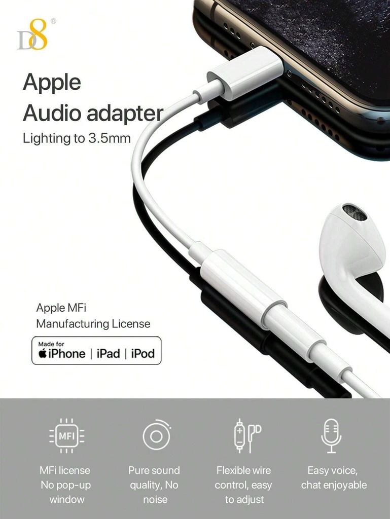 D8 Adaptador Lightning a Jack 3.5mm MFI para Iphone