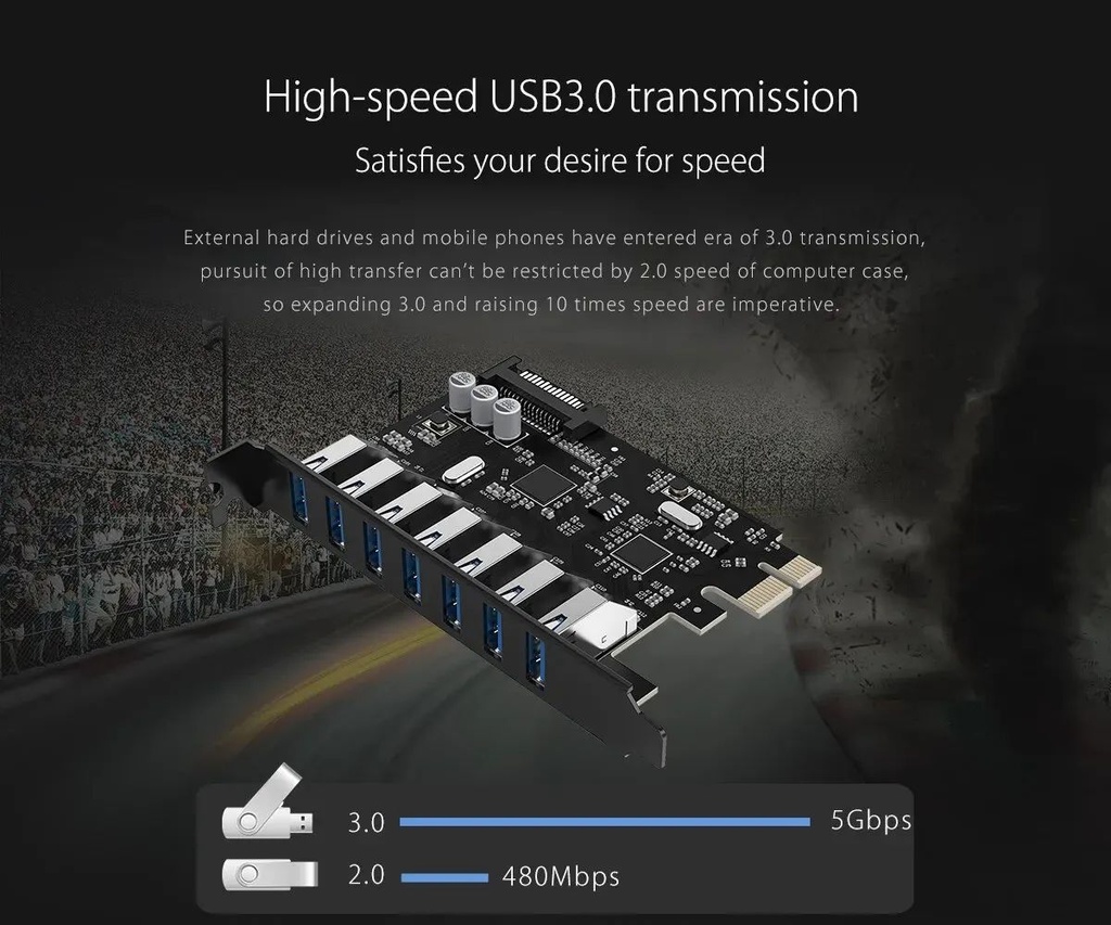 ORICO Tarjeta PCI-E SuperSpeed 7 Puertos USB 3.0 con adaptador 15pin SATA