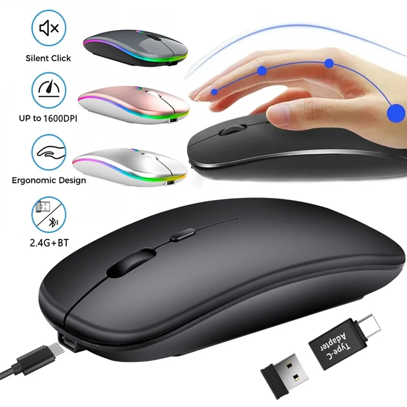 Mouse inalámbrico recargable BT/2,4GHz RGB ergonómico silencioso