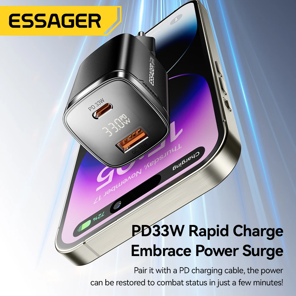 ESSAGER Cargador GaN 33W Carga Rapida PD Doble Puerto Tipo-C/USB-A