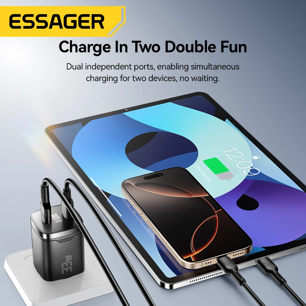 ESSAGER Cargador GaN 33W Carga Rapida PD Doble Puerto Tipo-C/USB-A