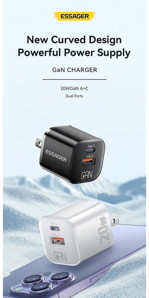 ESSAGER Cargador 20W PD Doble Puerto USB-A y Tipo C