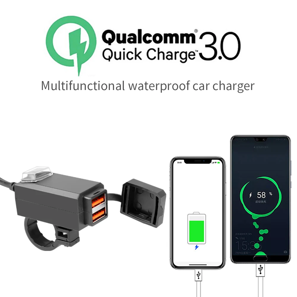 Cargador montado en vehículo para motocicleta, adaptador USB a prueba de agua, teléfono de 12V, puerto USB Dua