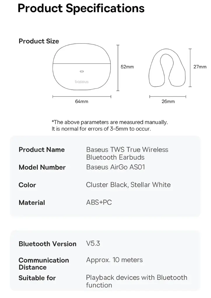 BASEUS Manos Libres AirGo AS01 EarClip BT5.3