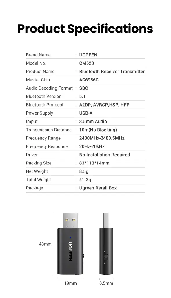 UGREEN Receptor/Transmisor BT 5.1 2en1 AUX 3,5mm