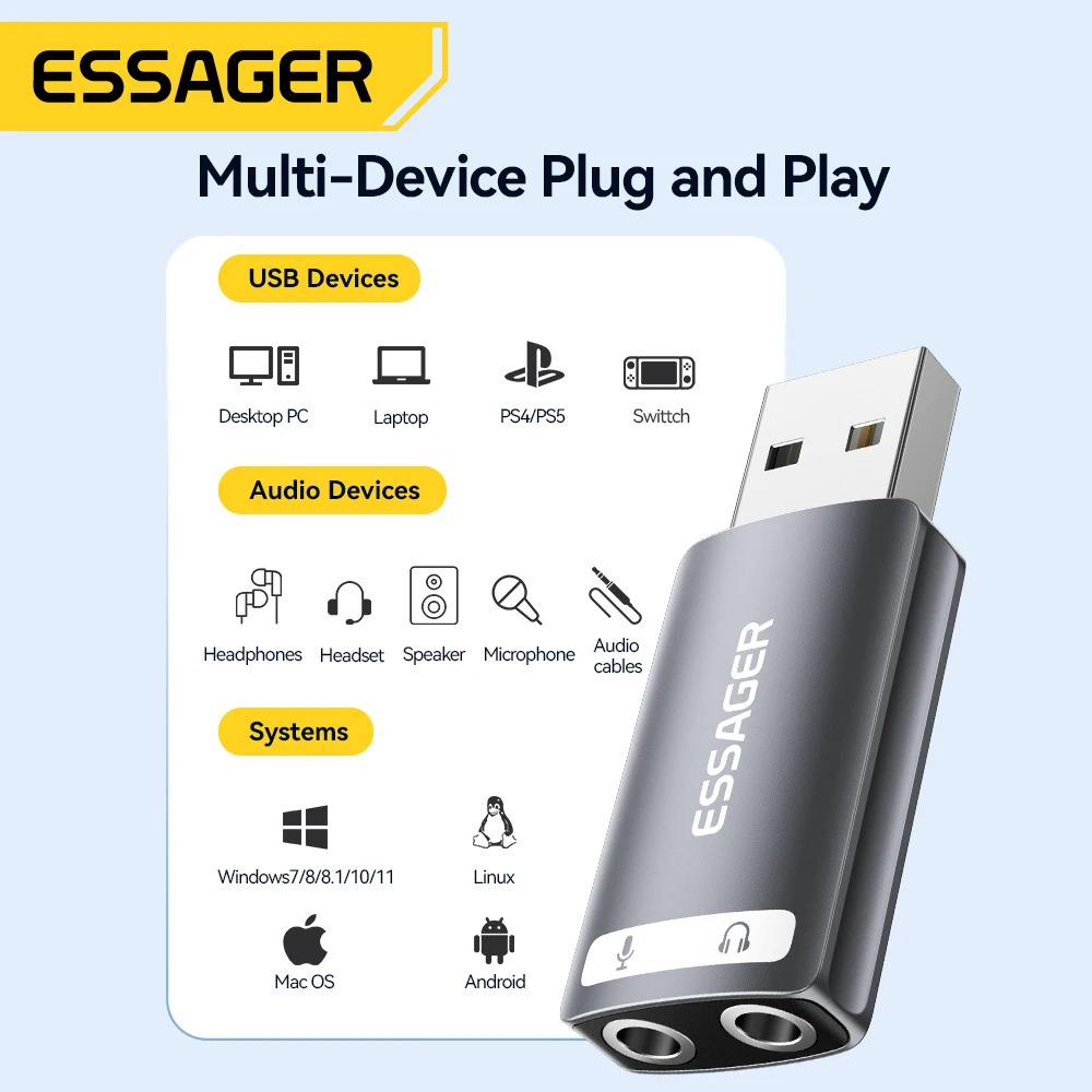 ESSAGER Tarjeta Sonido USB Puertos MIC/AUX