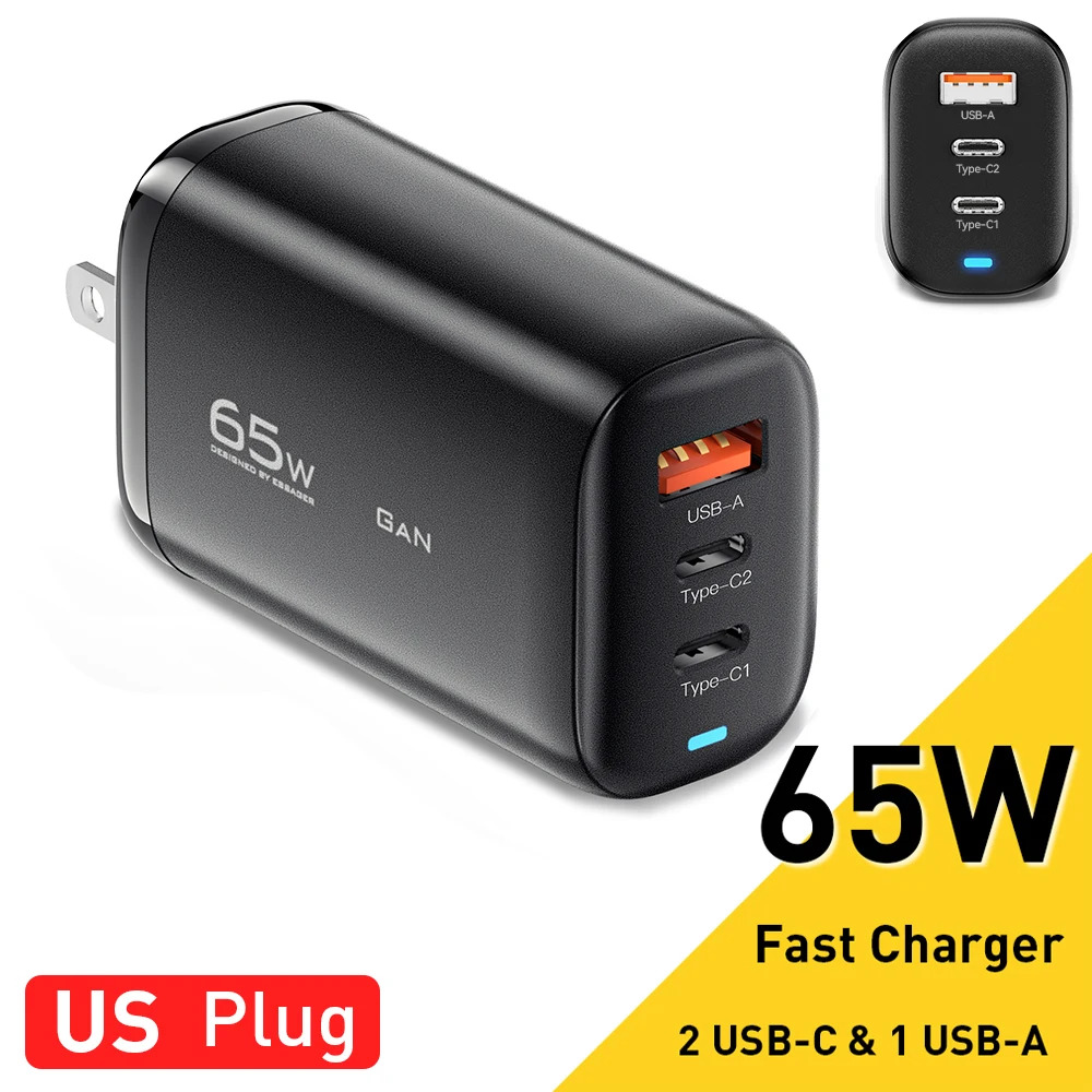 ESSAGER Cargador 65W GaN Triple Puerto 2XTipo-C/USB-A