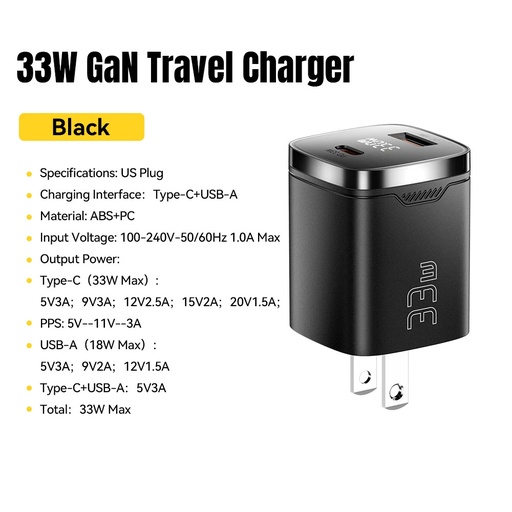 ESSAGER Cargador GaN 33W Carga Rapida PD Doble Puerto Tipo-C/USB-A